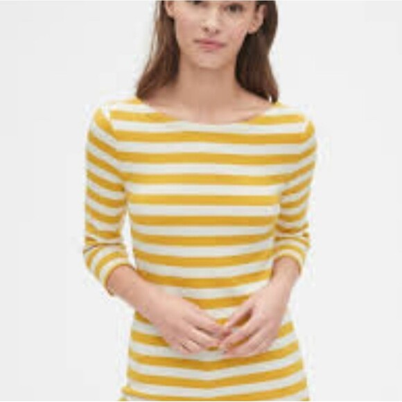 GAP Mustard White Striped Blouse Dip Back 3 / 4 Sleeve Nautical Womens Xs - Picture 2 of 11